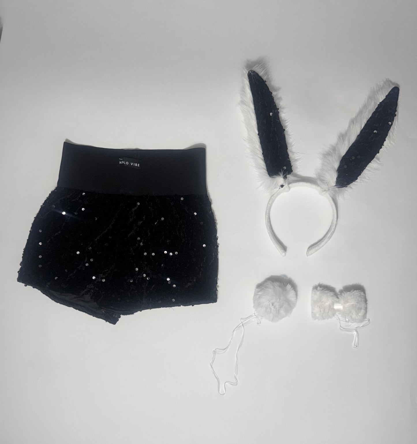 Easter Bunny Sequin Shorts Outfit Bundle – Sparkly Festival Shorts with Bunny Ears, Tail & Bow Costume Accessories
