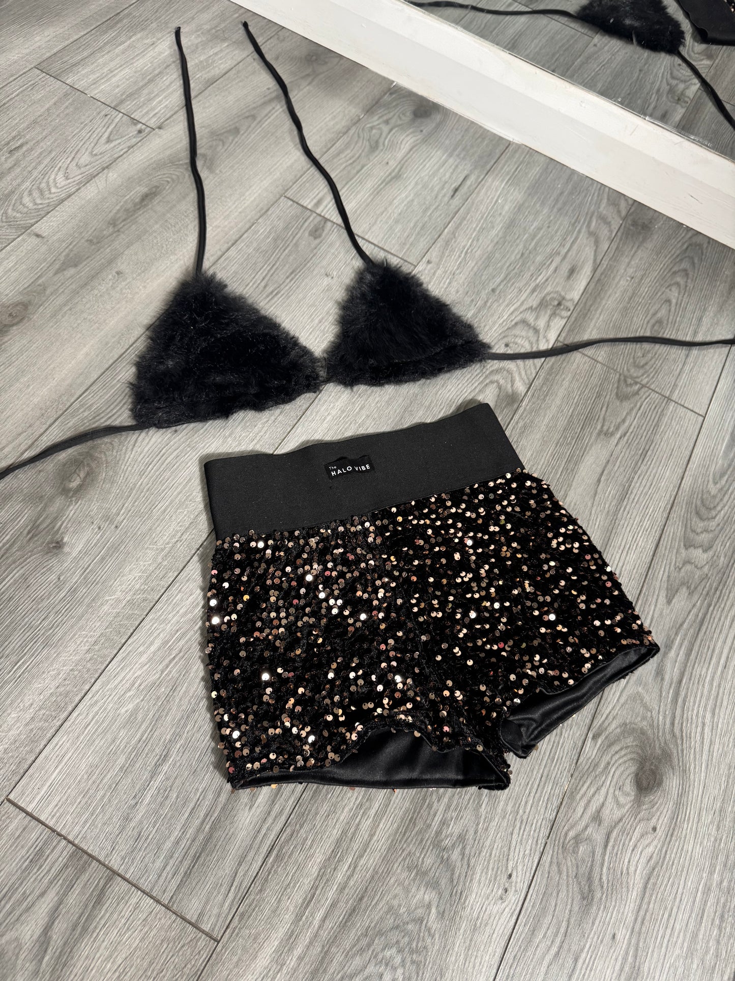 Sequin short & fur bikini 2 piece
