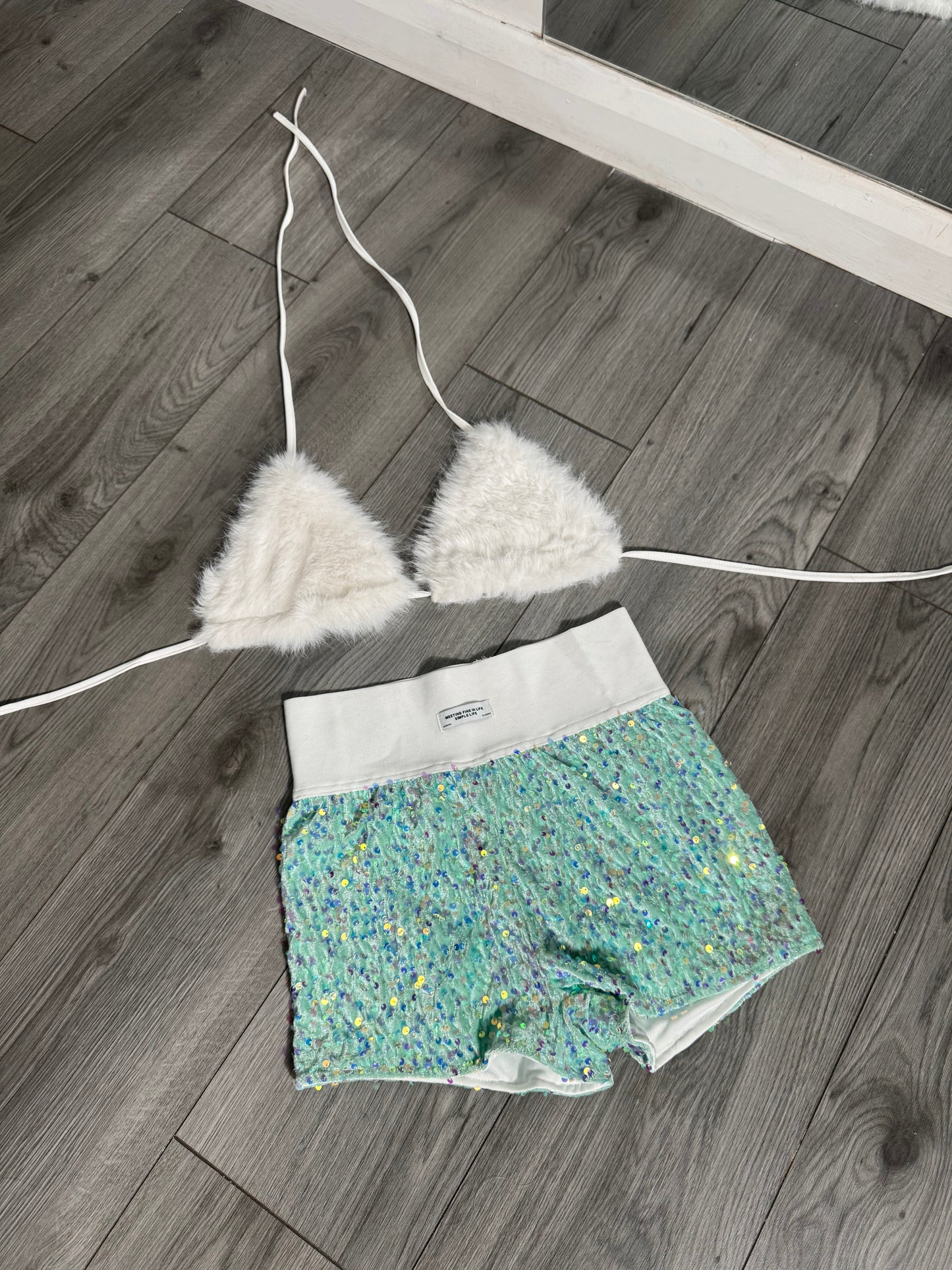 Sequin short & fur bikini 2 piece
