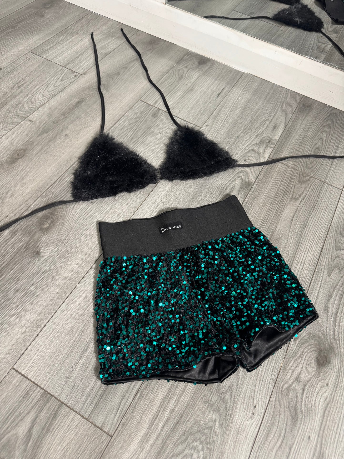 Sequin short & fur bikini 2 piece