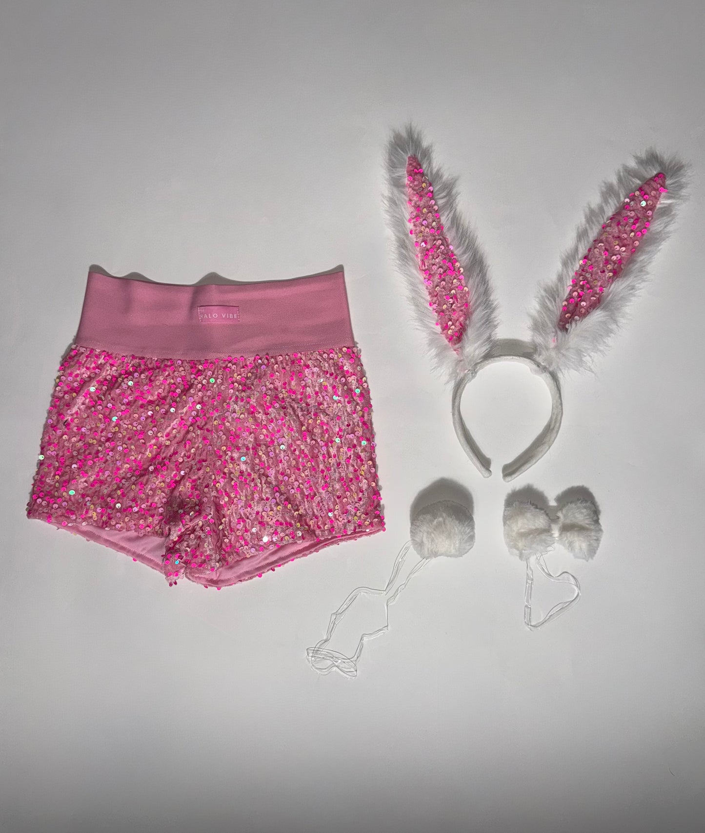Easter Bunny Sequin Shorts Outfit Bundle – Sparkly Festival Shorts with Bunny Ears, Tail & Bow Costume Accessories