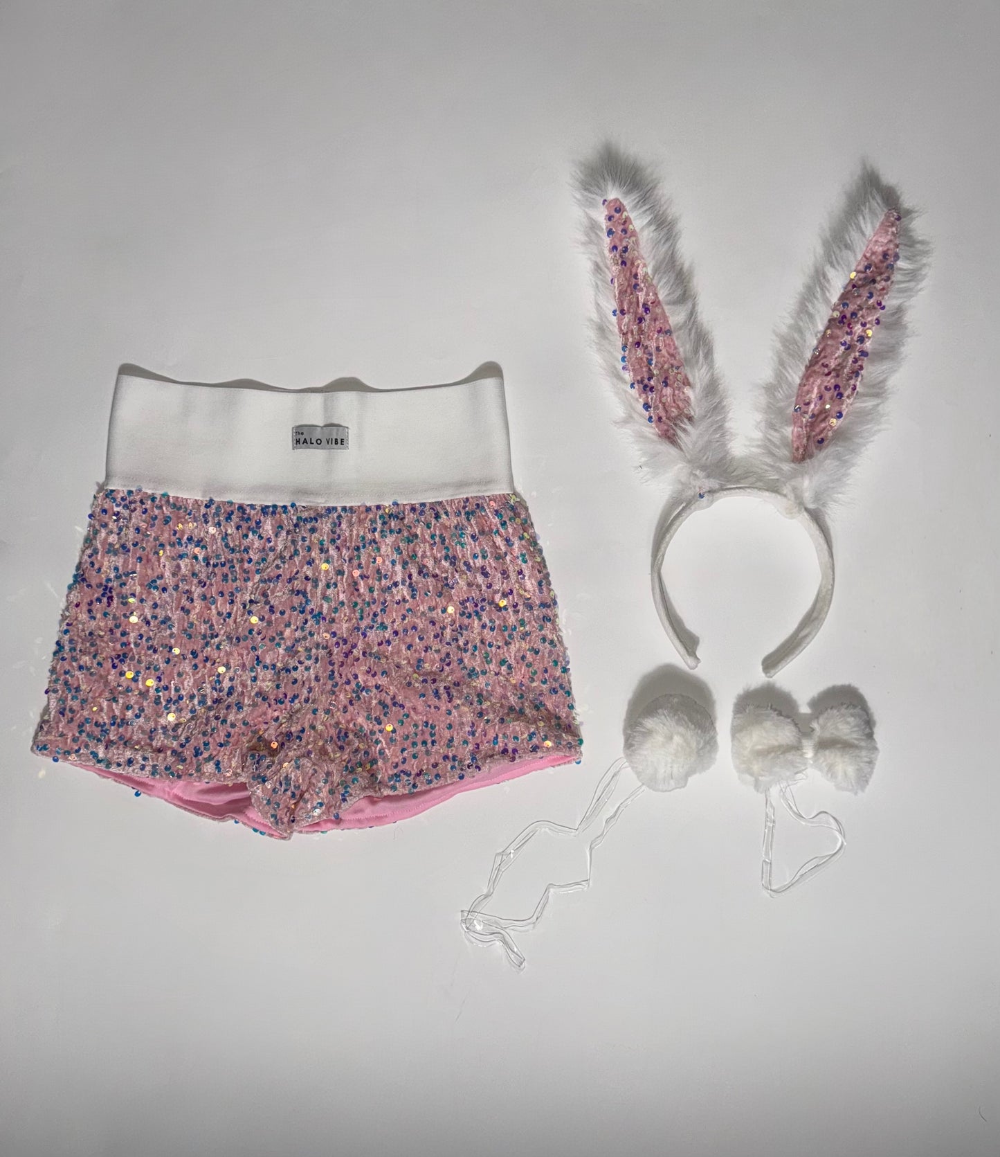 Easter Bunny Sequin Shorts Outfit Bundle – Sparkly Festival Shorts with Bunny Ears, Tail & Bow Costume Accessories