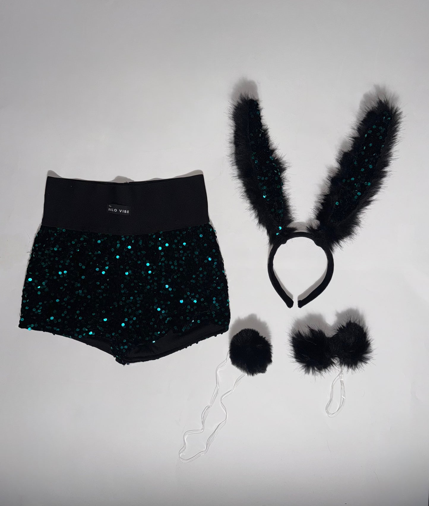 Easter Bunny Sequin Shorts Outfit Bundle – Sparkly Festival Shorts with Bunny Ears, Tail & Bow Costume Accessories