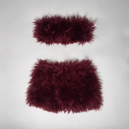 Burgundy fur skirt and top set with built in shorts