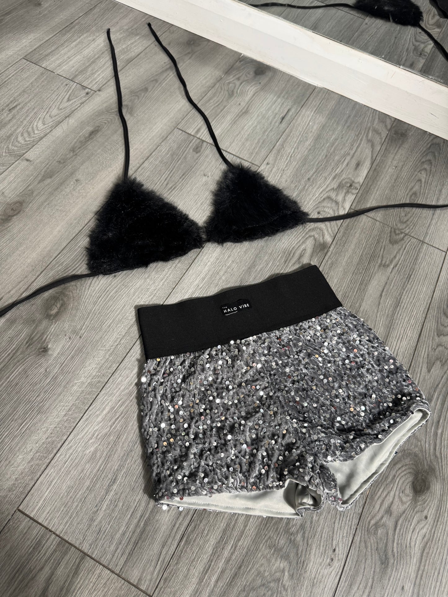 Sequin short & fur bikini 2 piece