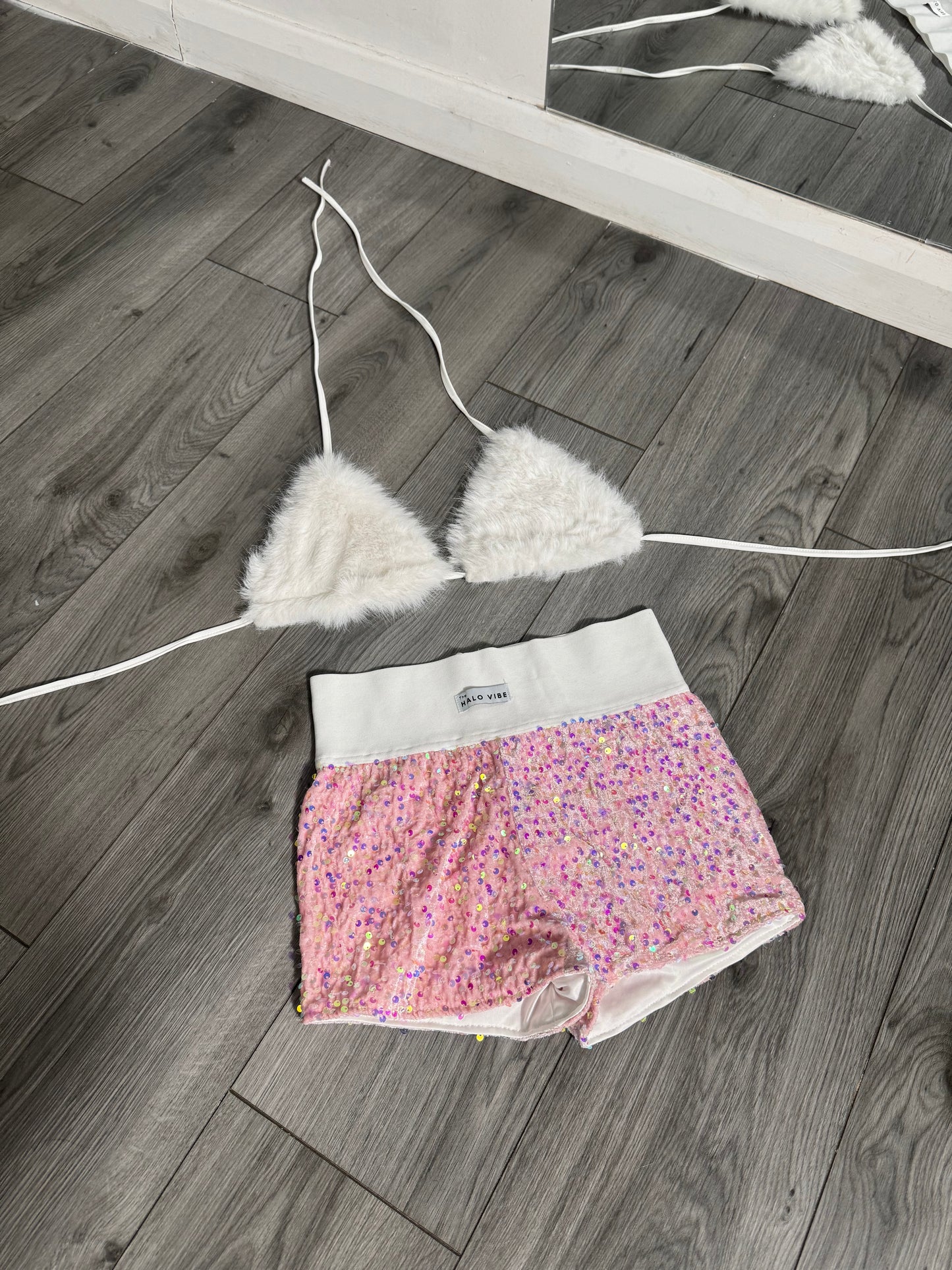 Sequin short & fur bikini 2 piece