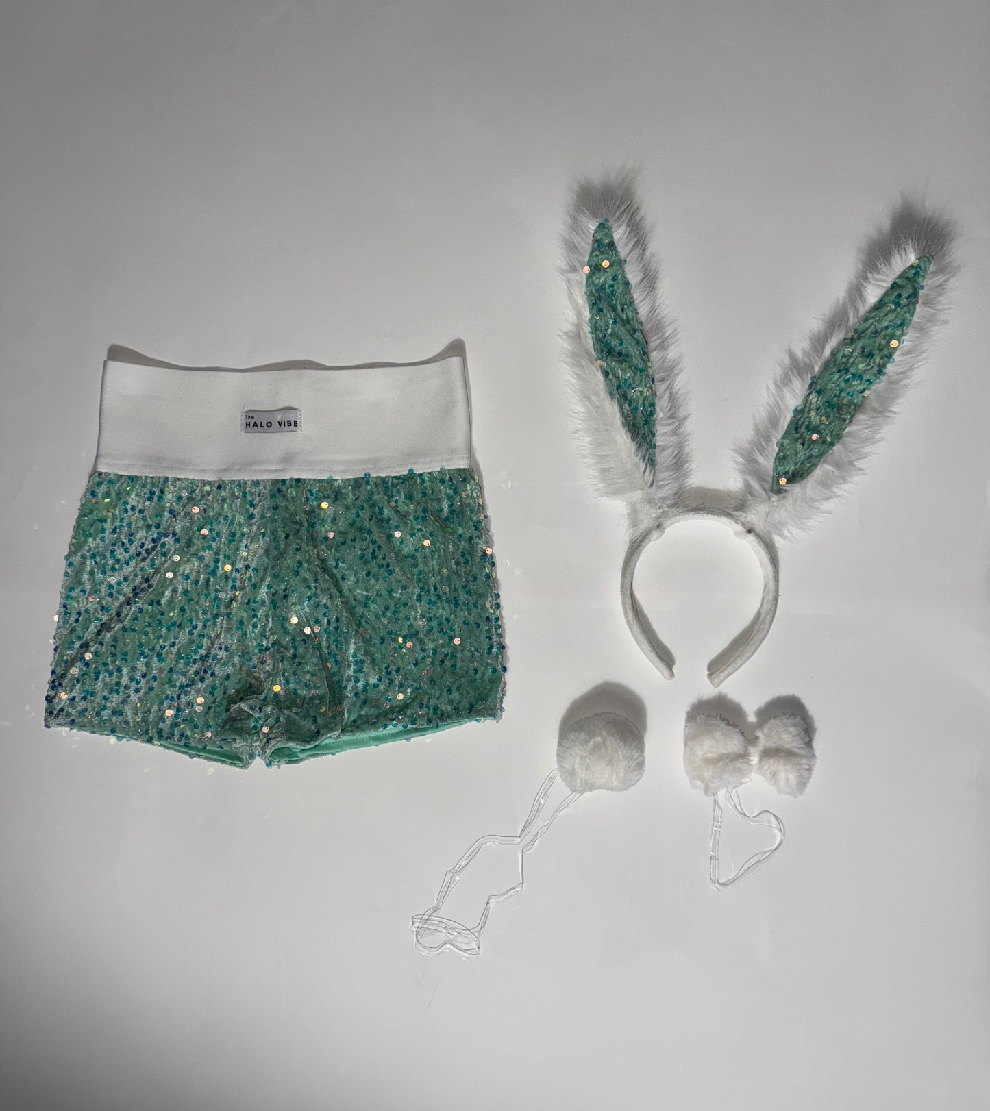 Easter Bunny Sequin Shorts Outfit Bundle – Sparkly Festival Shorts with Bunny Ears, Tail & Bow Costume Accessories