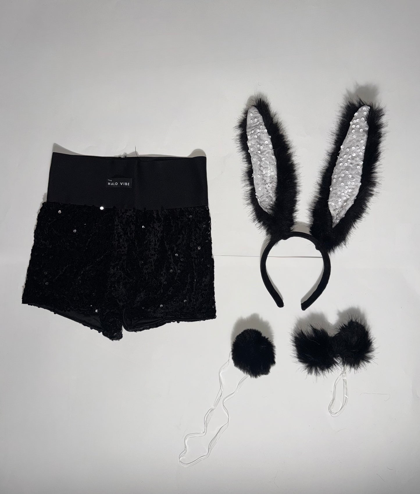 Easter Bunny Sequin Shorts Outfit Bundle – Sparkly Festival Shorts with Bunny Ears, Tail & Bow Costume Accessories